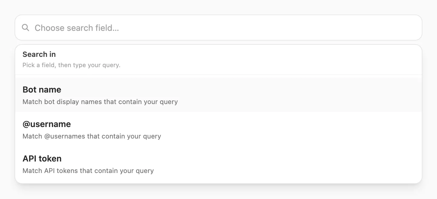 Search in popup — choose Bot name, @username, or API token