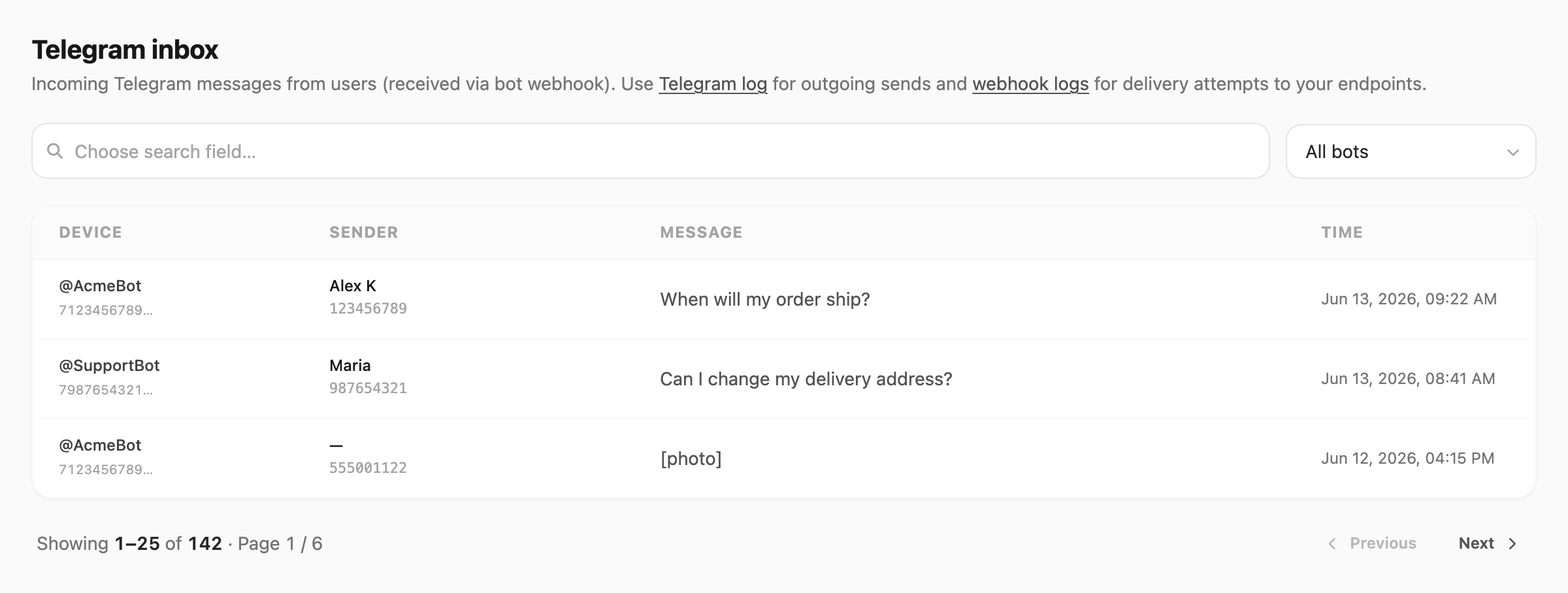 Telegram inbox — search, bot filter, table, and pagination