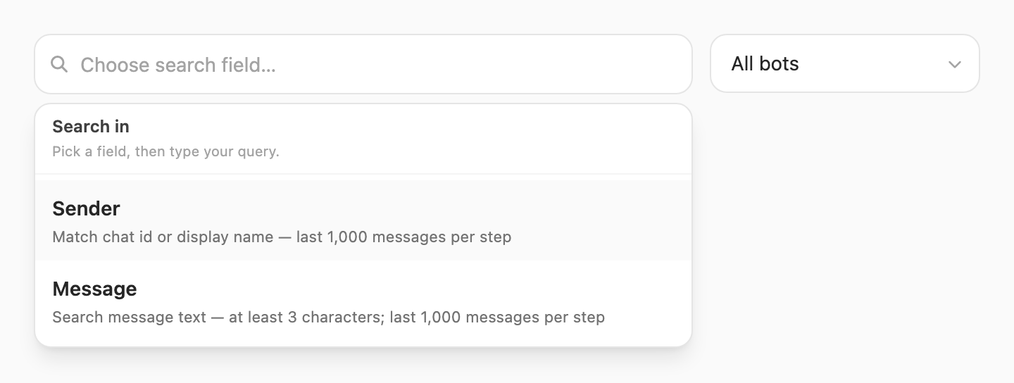 Search in popup — choose Sender or Message