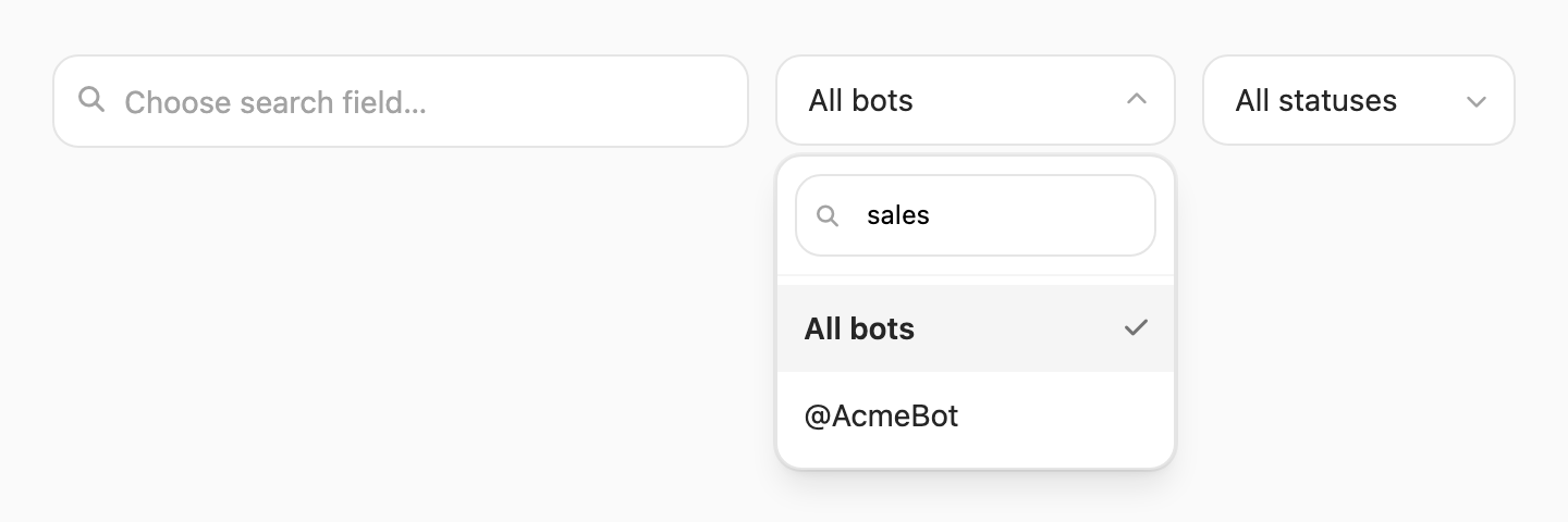 Bot filter — searchable dropdown with @username labels