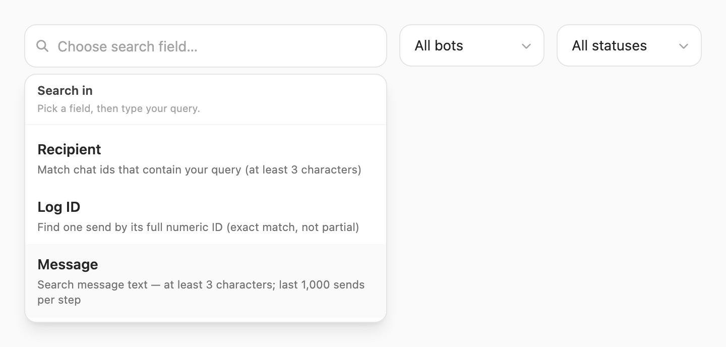 Search in popup — choose Recipient, Log ID, or Message