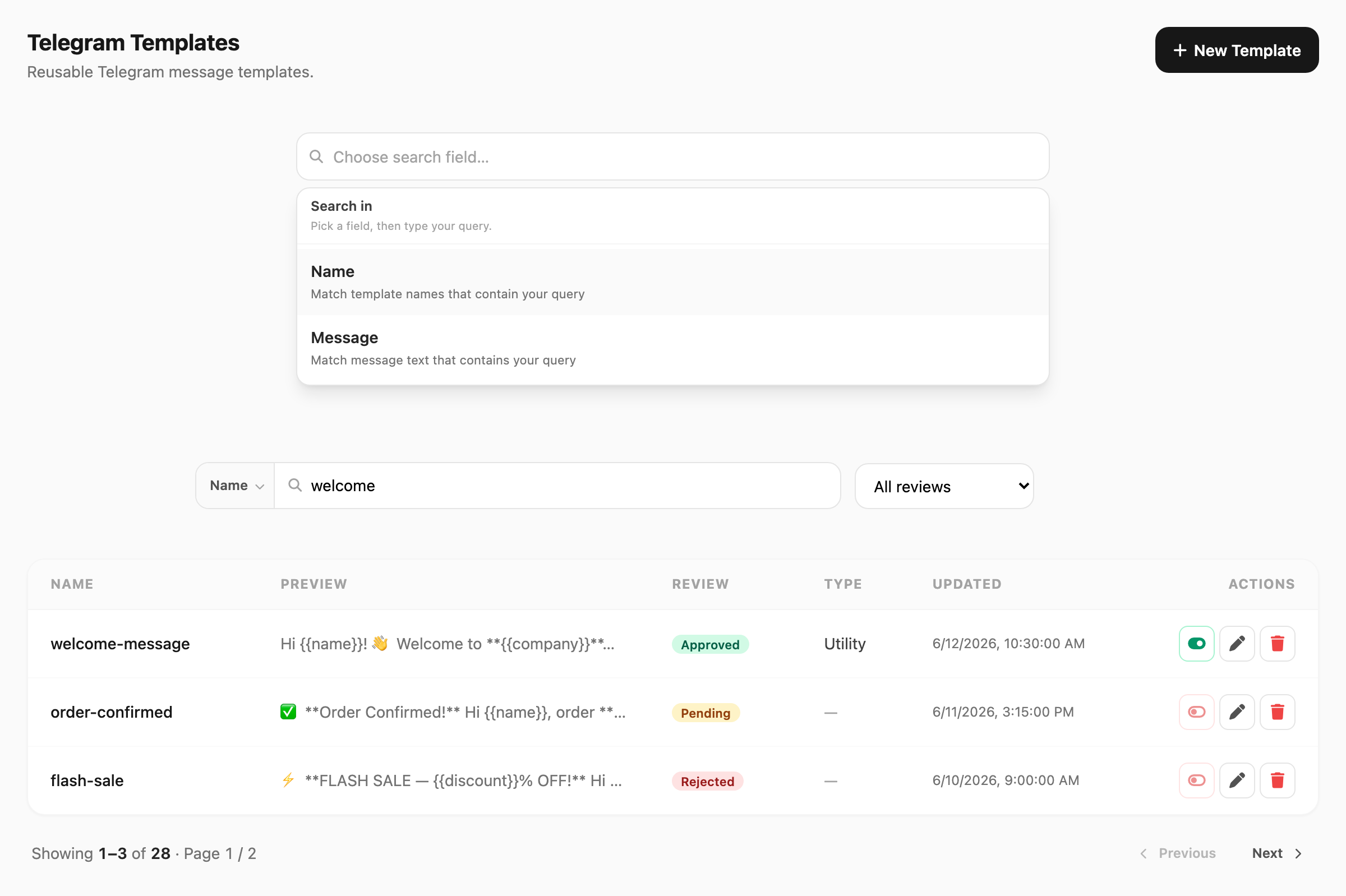Telegram Templates — list header, template table, and row actions