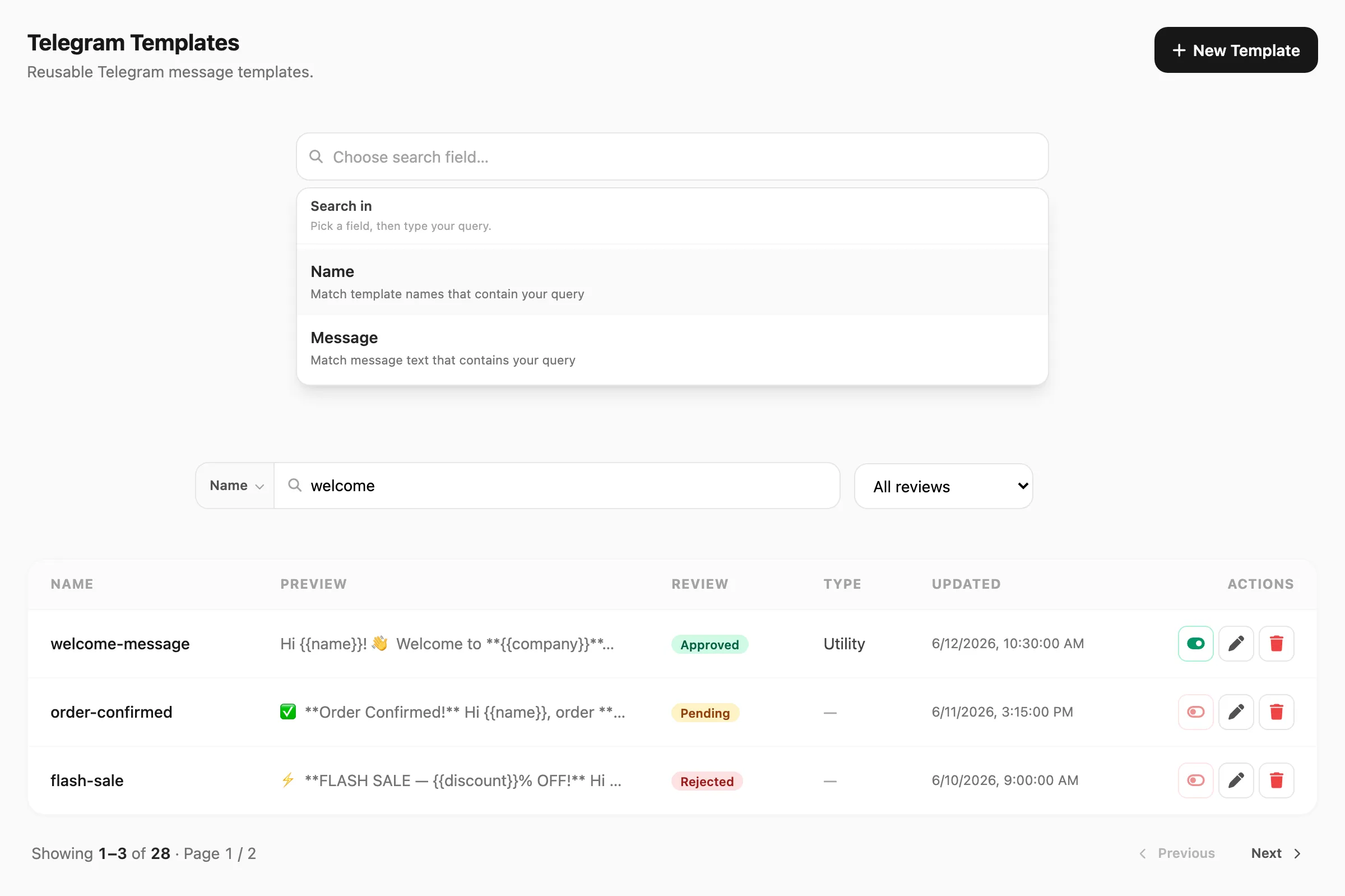 Telegram Templates — list header, template table, and row actions