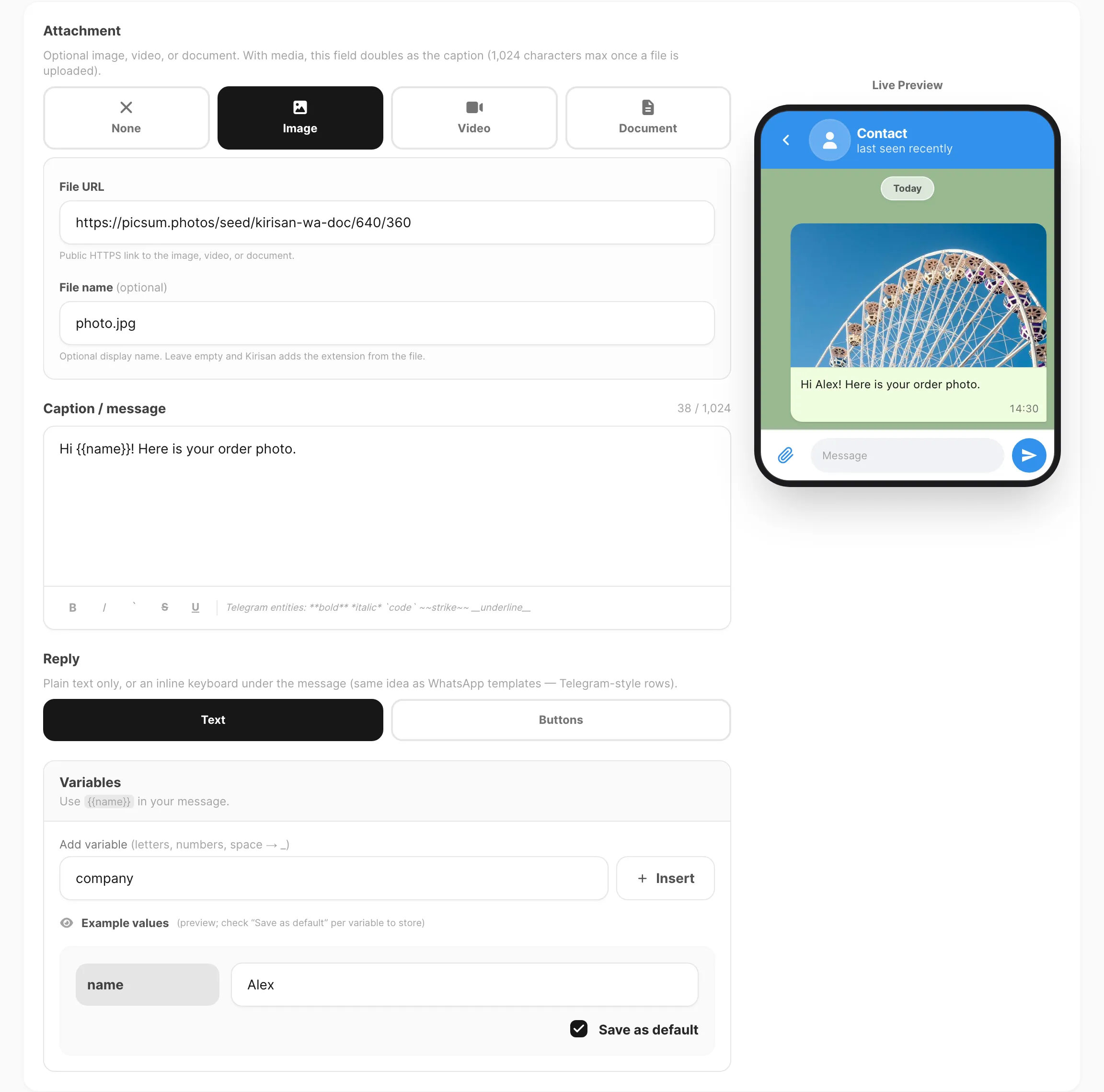 Template editor — attachment, file URL, caption, and live preview