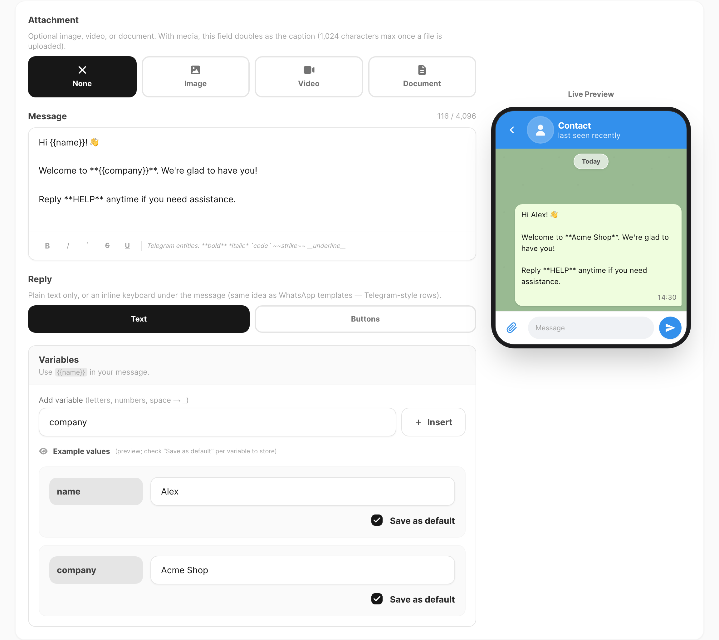 Template editor — text message, formatting toolbar, and variables