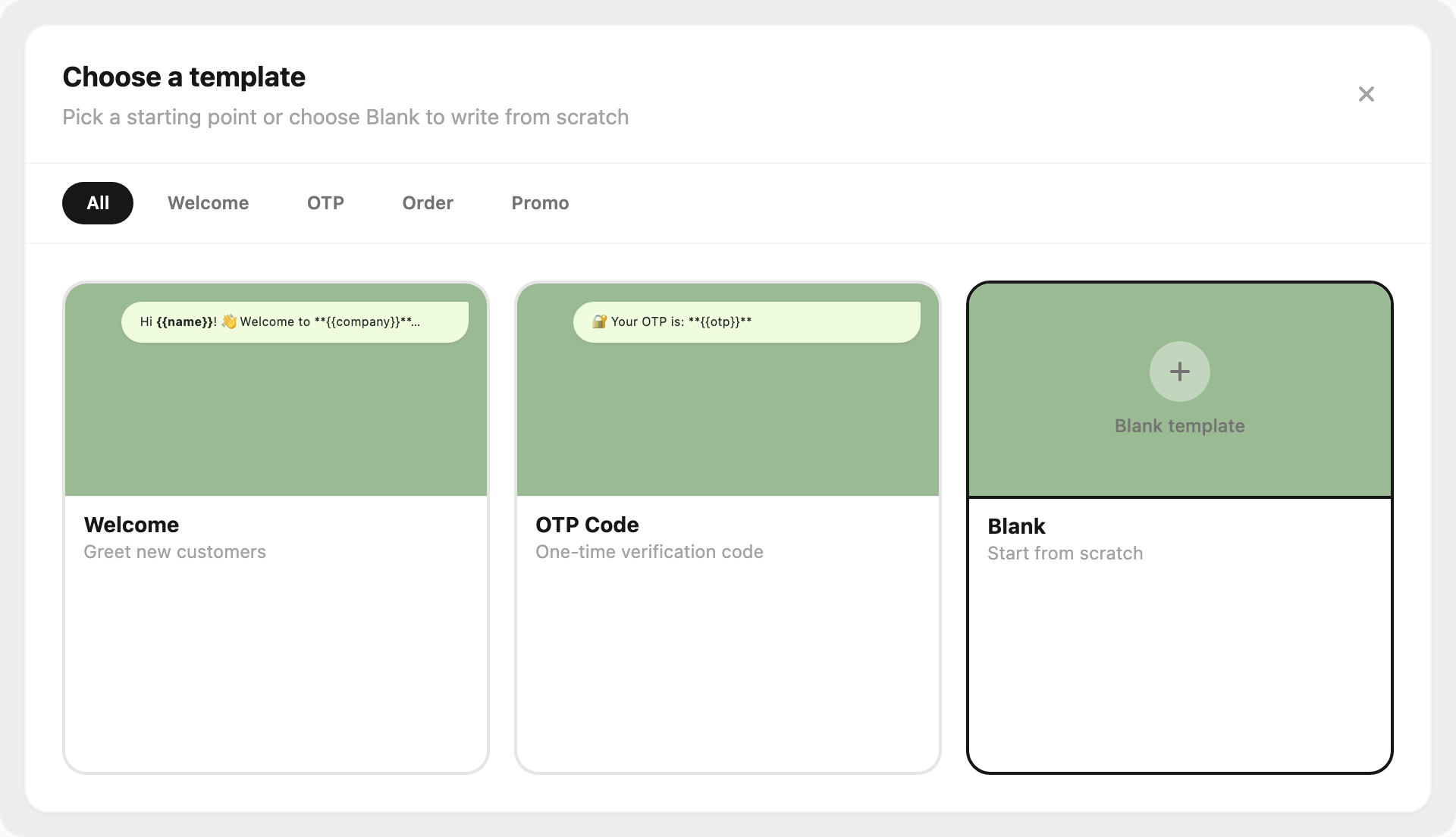 Choose a template — category tabs and Telegram bubble previews