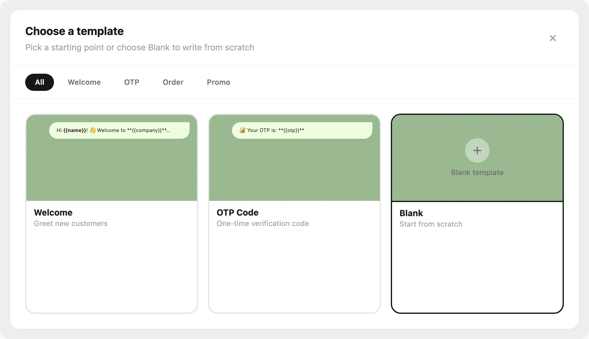 Choose a template — category tabs and Telegram bubble previews
