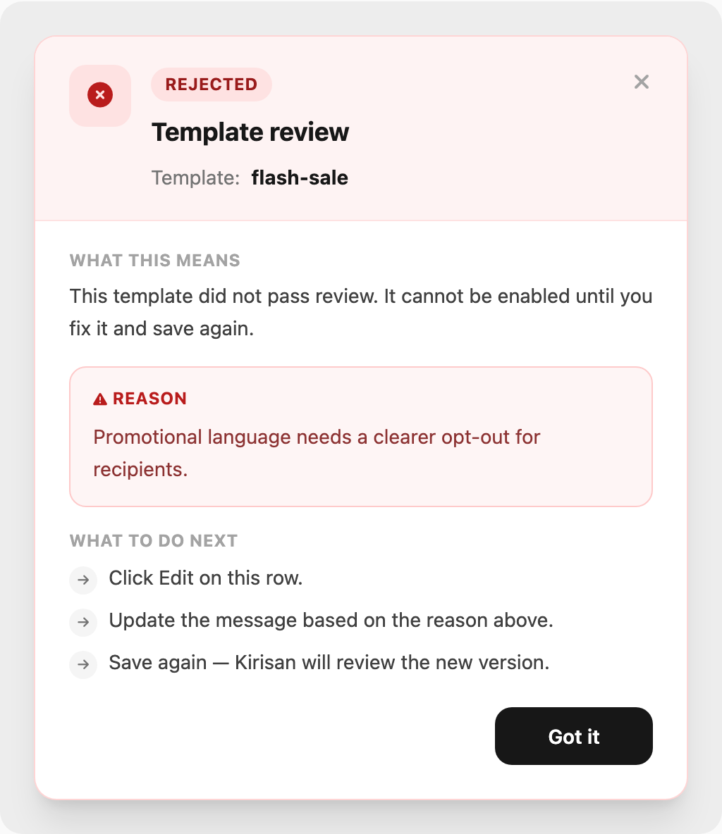 Template review popup — status, template name, reason, and next steps