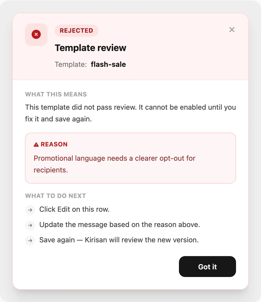 Template review popup — status, template name, reason, and next steps
