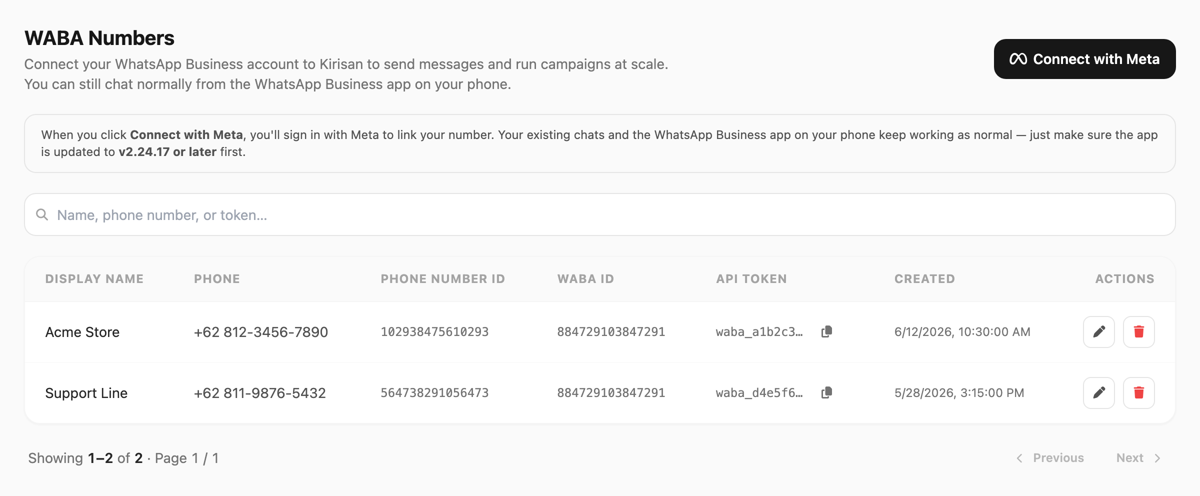 WABA Numbers — header, info note, search, table, and pagination