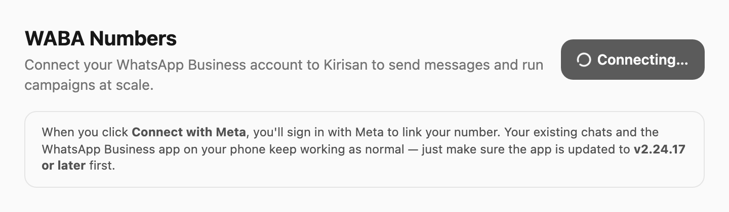 Connect with Meta — info note and app version requirement
