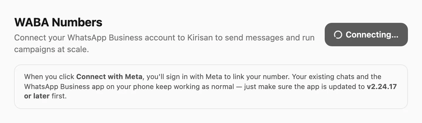 Connect with Meta — info note and app version requirement
