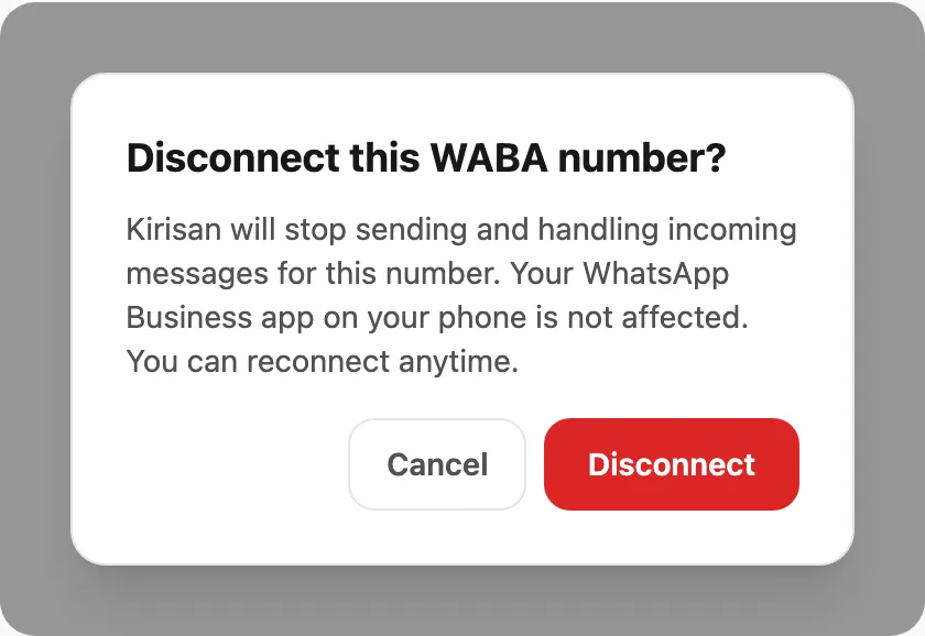 Disconnect WABA number confirmation