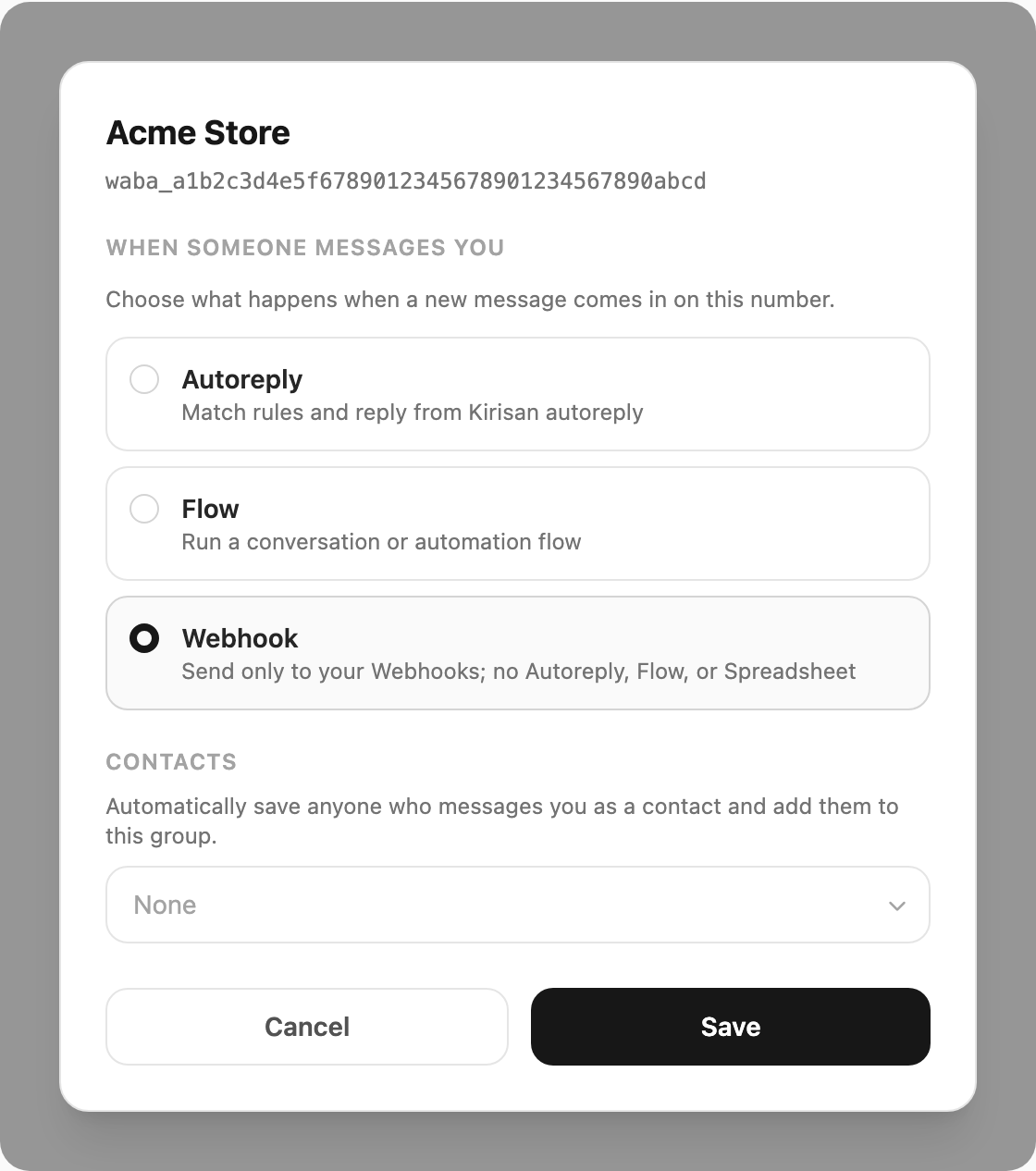 Edit WABA number — inbound handler and contacts