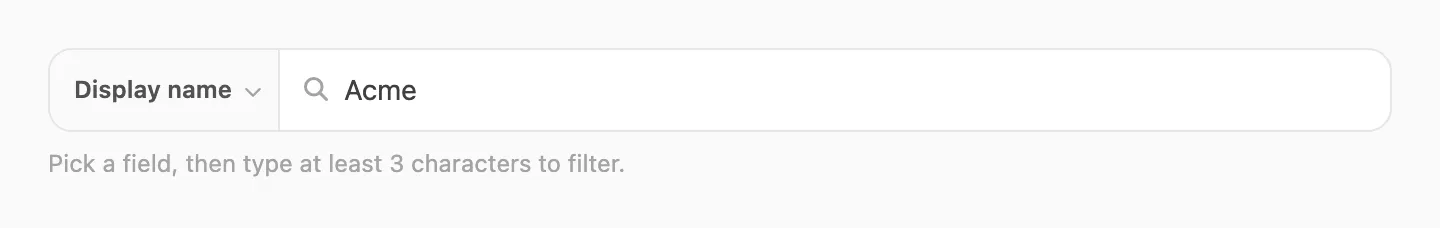 Search — pick a field, then filter the table