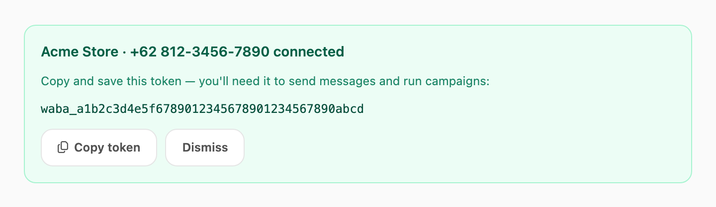 Number connected — copy and save your API token