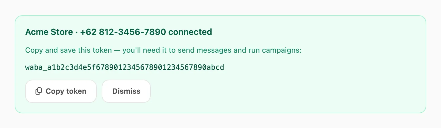 Number connected — copy and save your API token