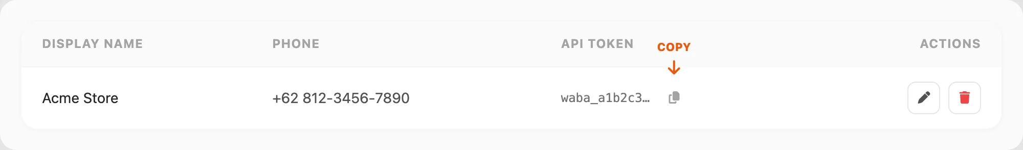 Copy WABA token from the table row