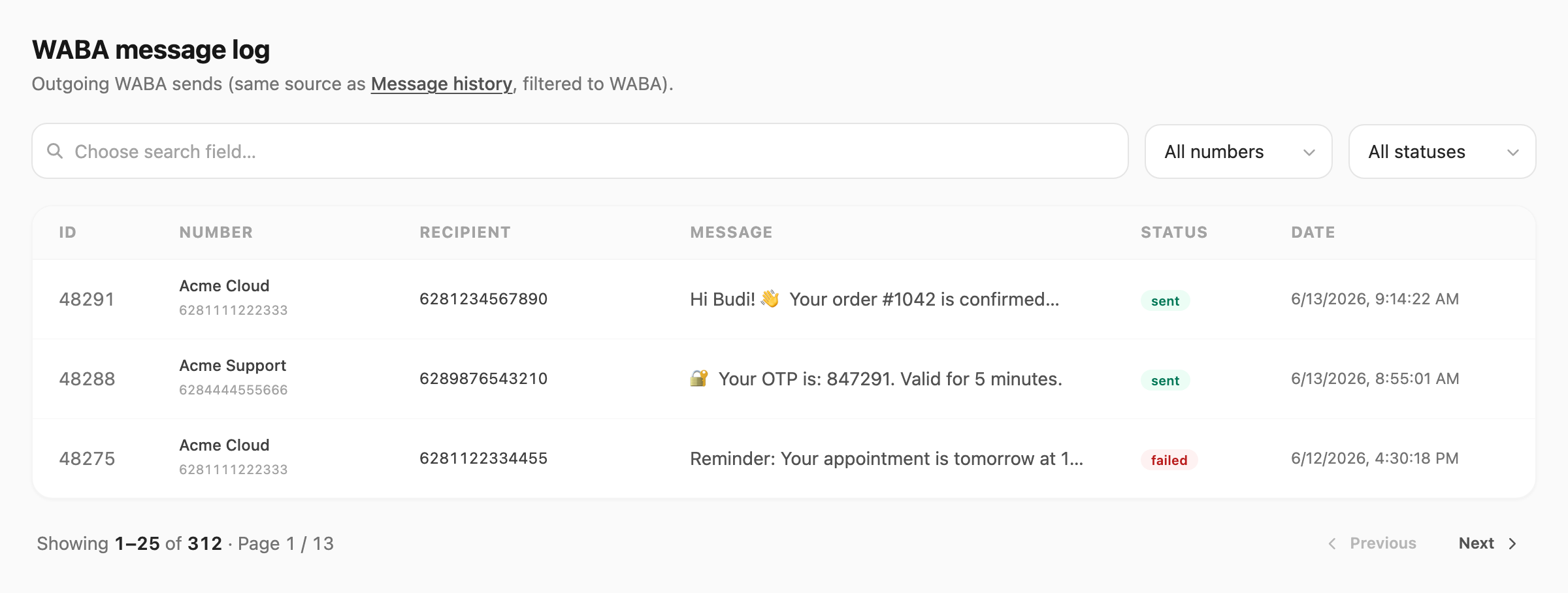 WABA message log — search, device and status filters, table, and pagination