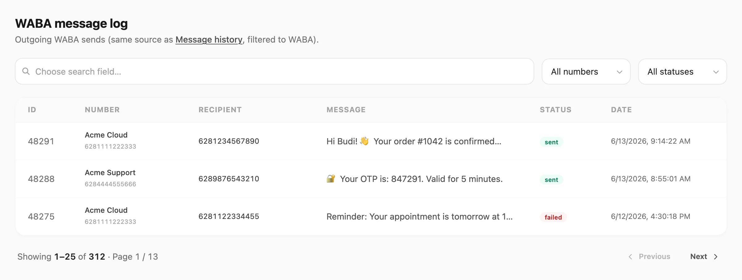 WABA message log — search, device and status filters, table, and pagination