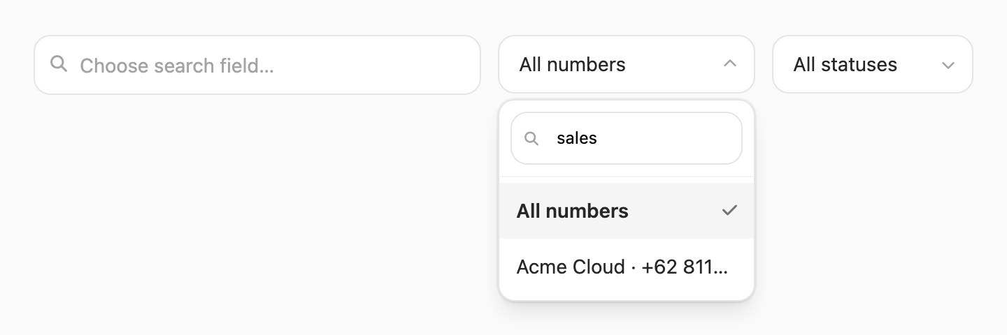 Device filter — searchable dropdown with display name and phone