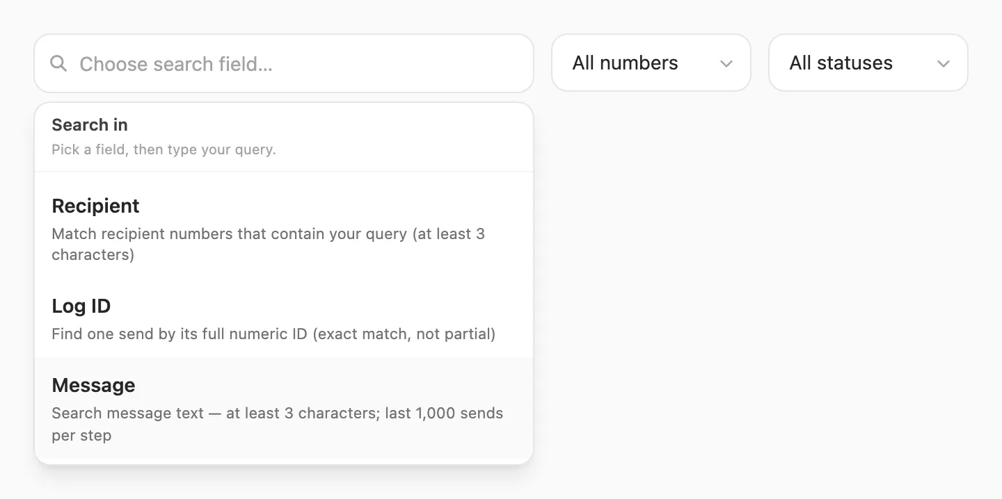 Search in popup — choose Recipient, Log ID, or Message