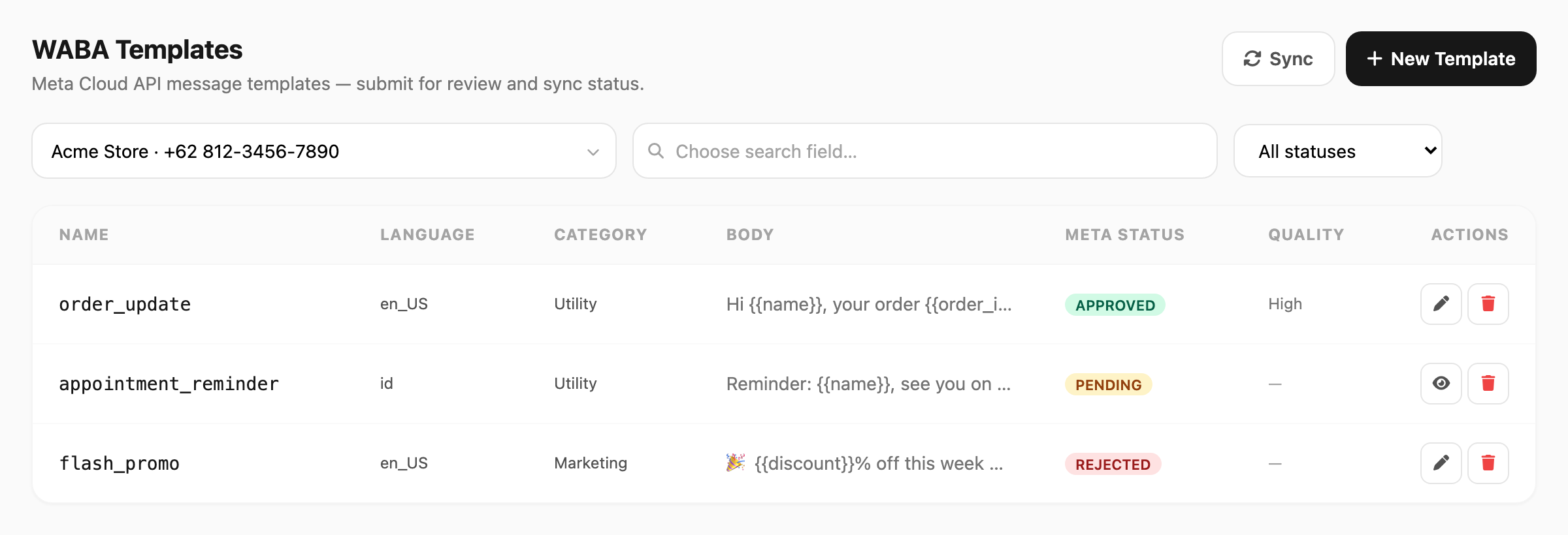 WABA Templates — device picker, search, status filter, and template table
