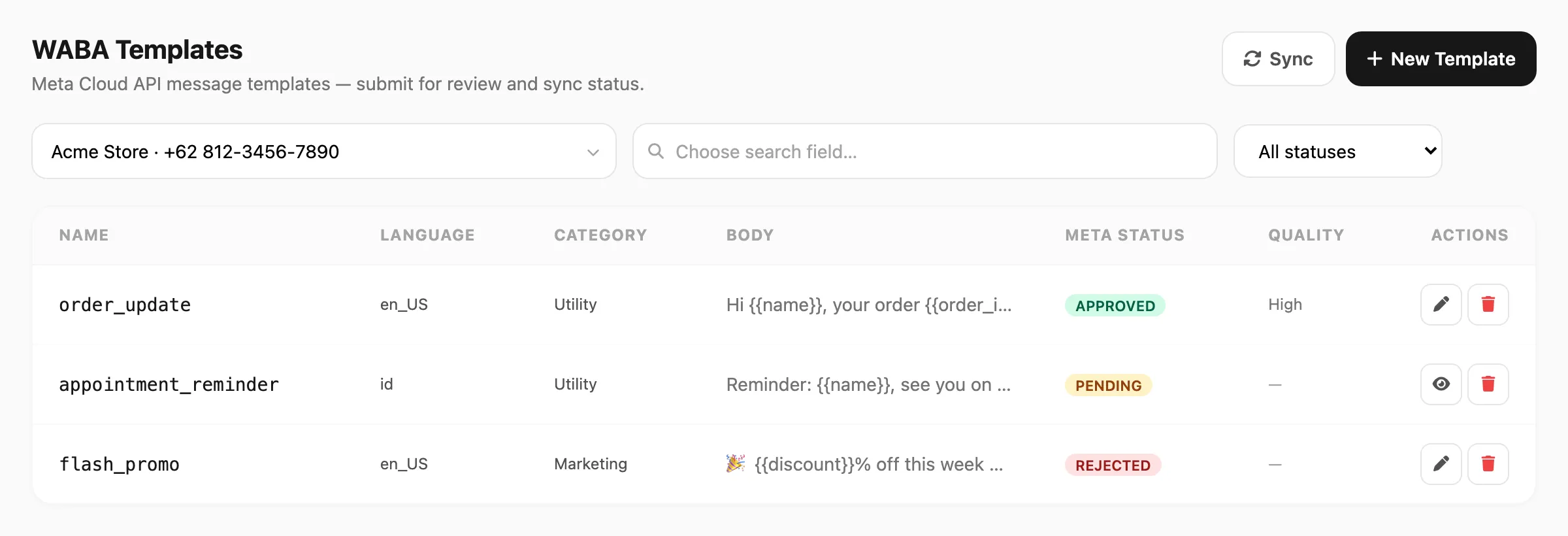 WABA Templates — device picker, search, status filter, and template table