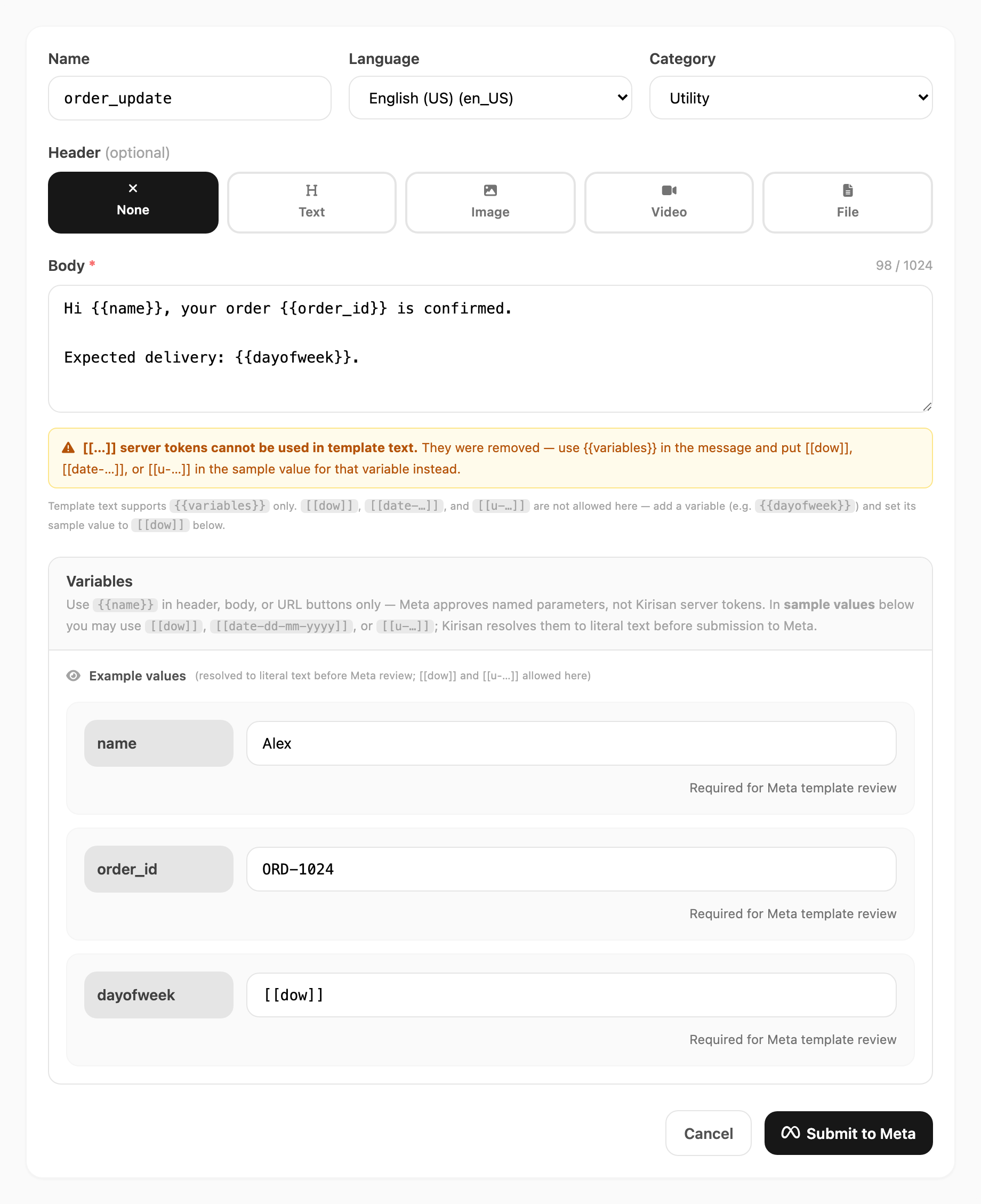 WABA template editor — body, strip warning, Variables panel with sample values