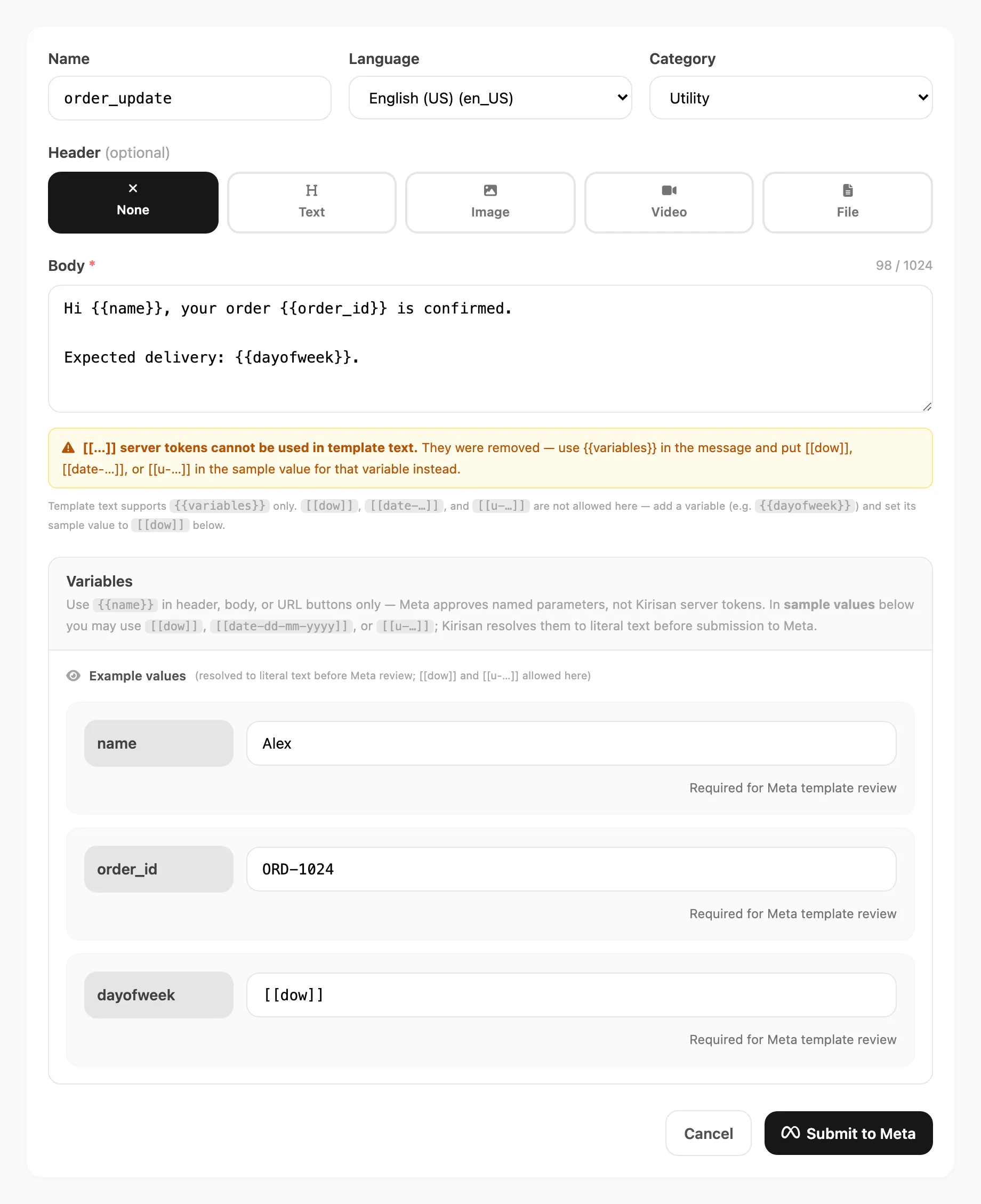 WABA template editor — body, strip warning, Variables panel with sample values