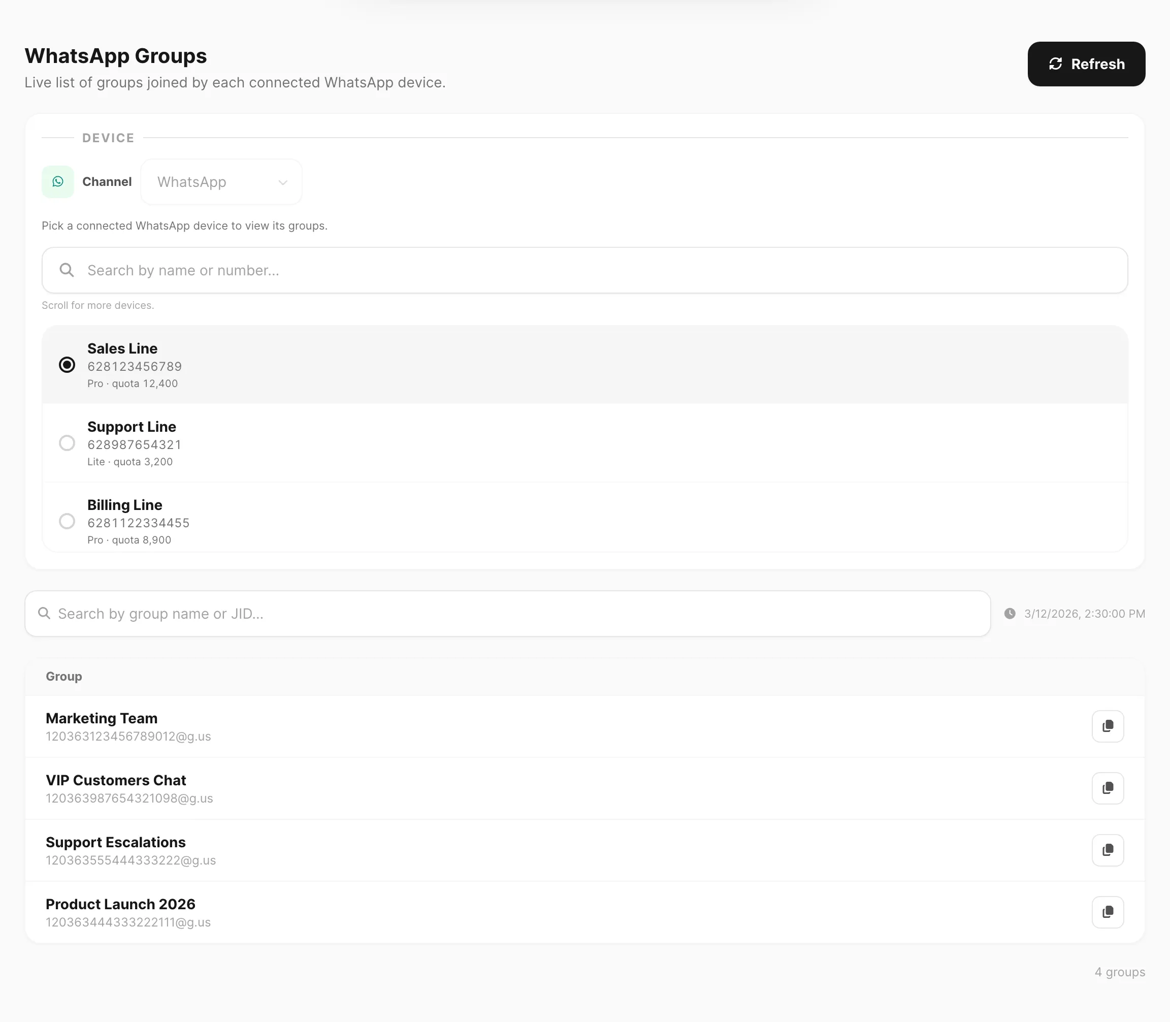 WhatsApp Groups — device picker, search, group table, and copy JID