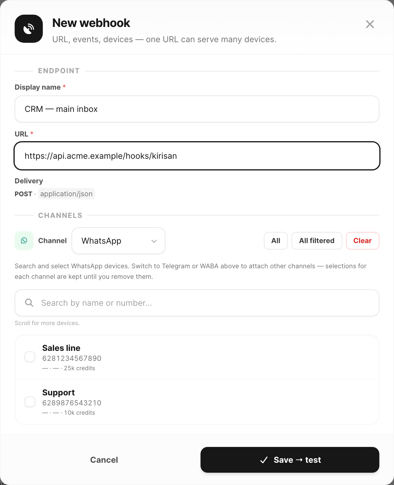 New webhook modal — URL, devices, events, and signing secret