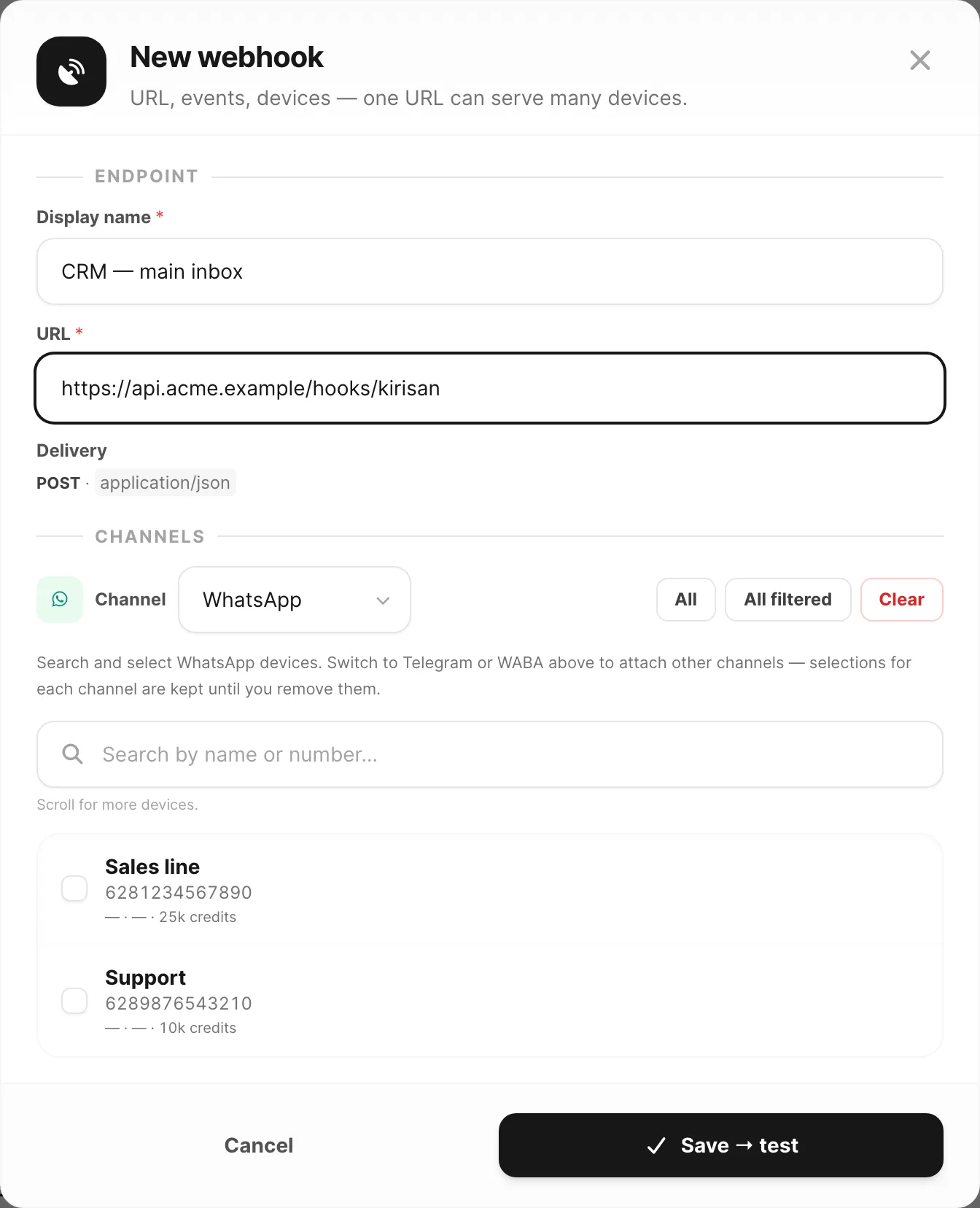 New webhook modal