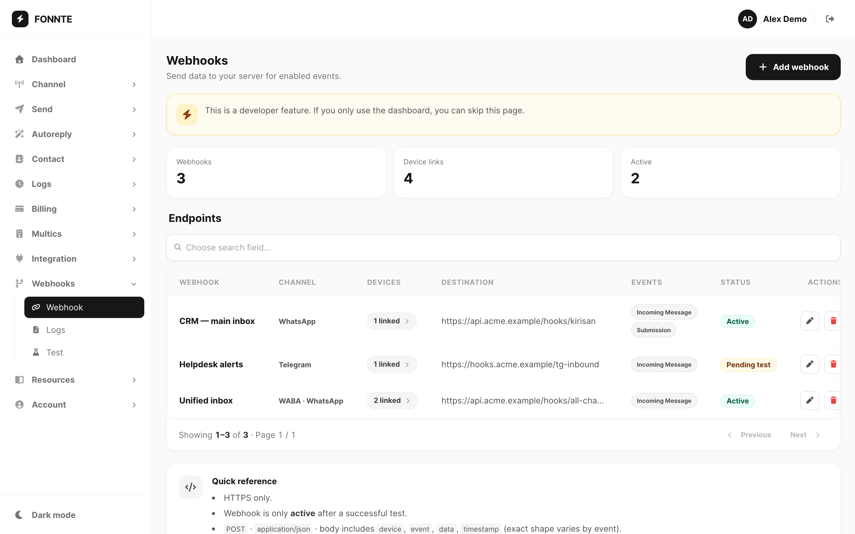 Webhooks — summary cards and endpoints table