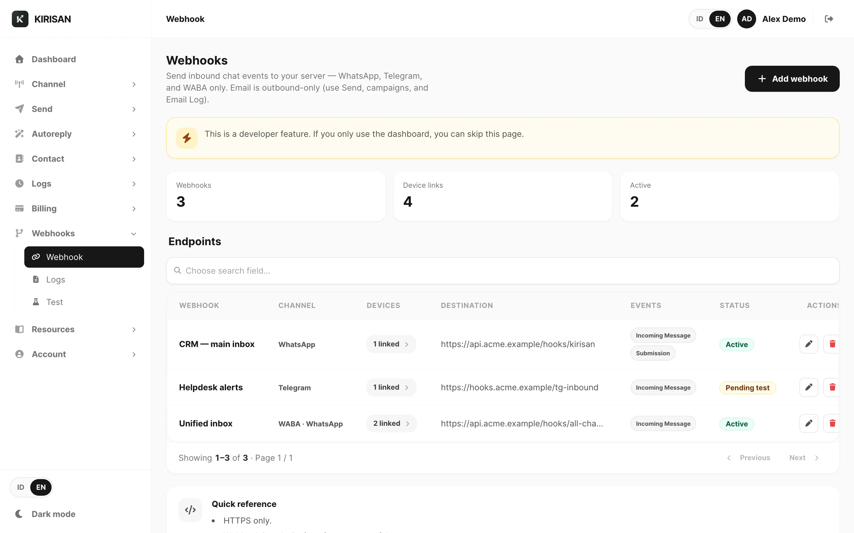 Webhooks — summary cards and endpoints table