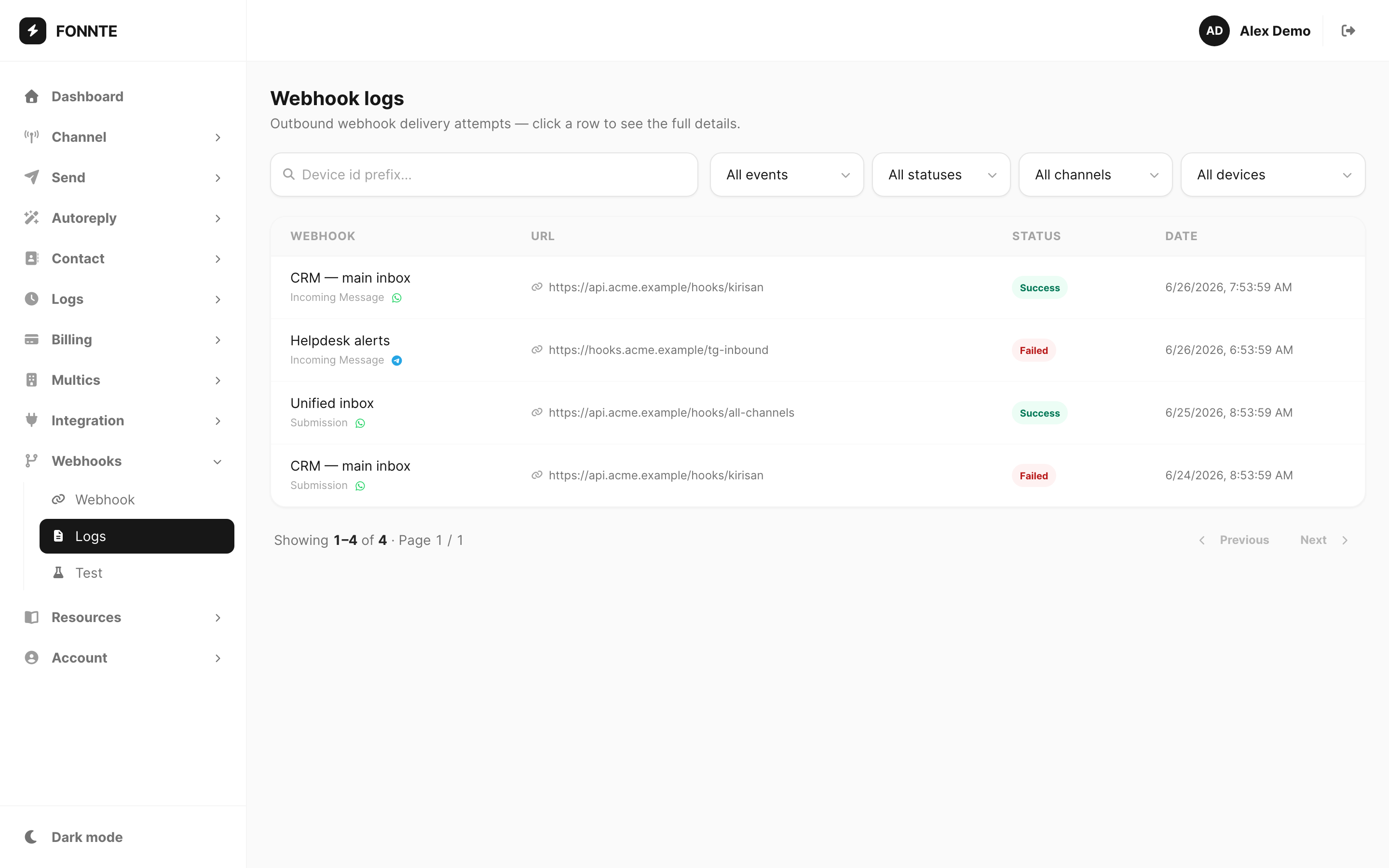 Webhook logs — filter by failed status
