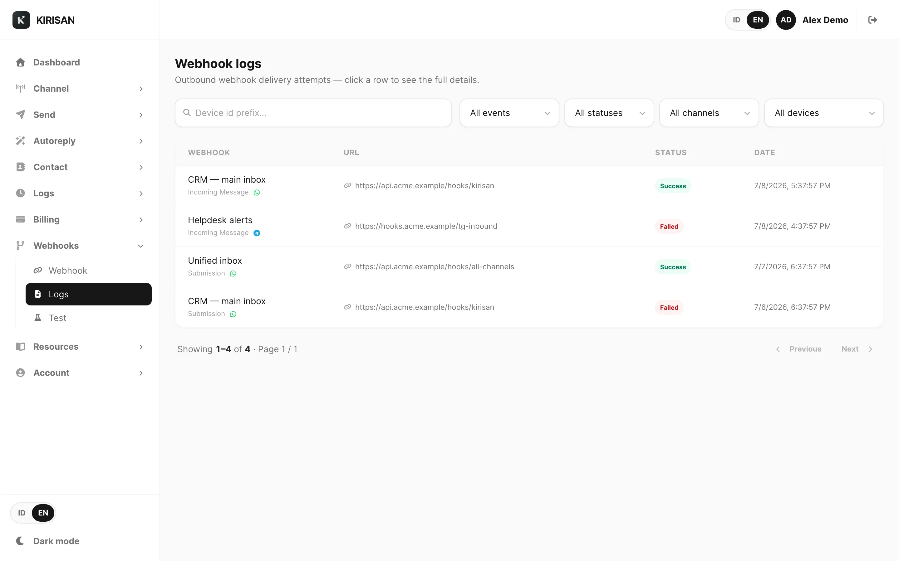 Webhook logs — filter by failed status