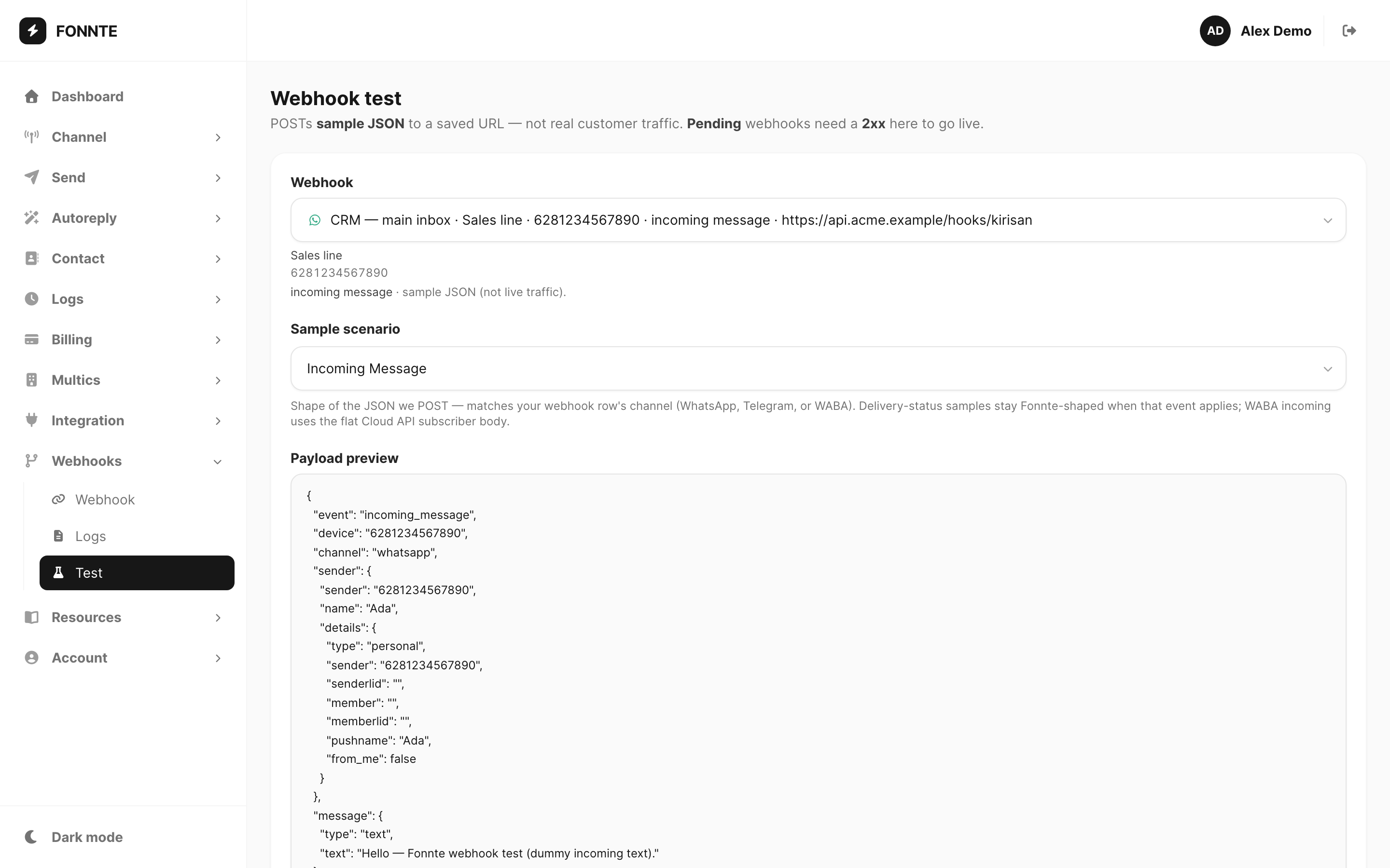 Webhook test — endpoint picker, payload preview, and Send test