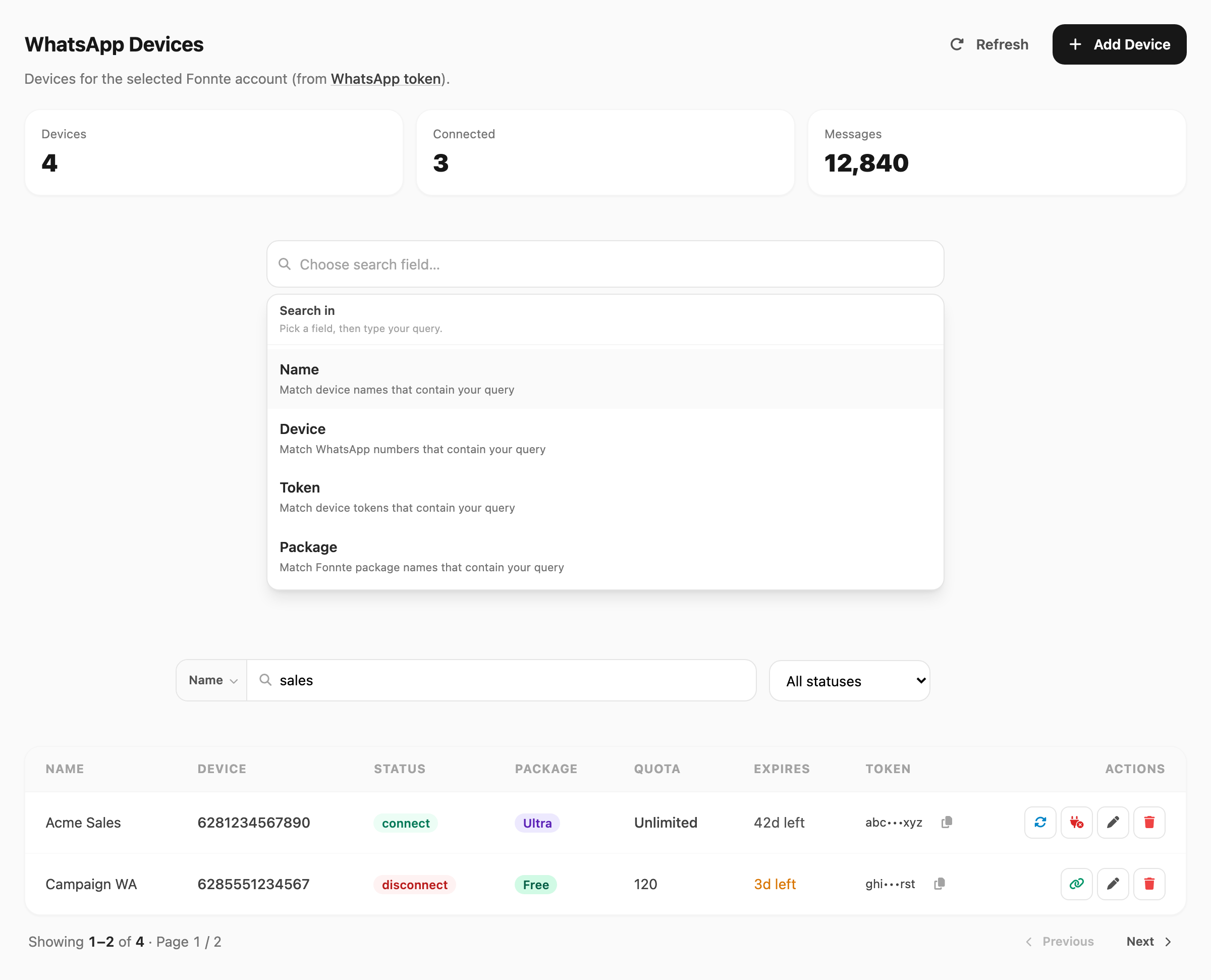 WhatsApp Devices — header, summary cards, search, device table, and pagination