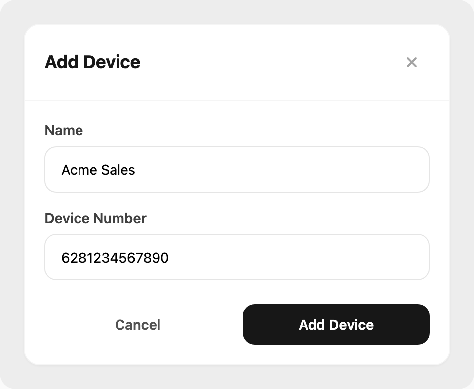 Add Device modal — name and device number