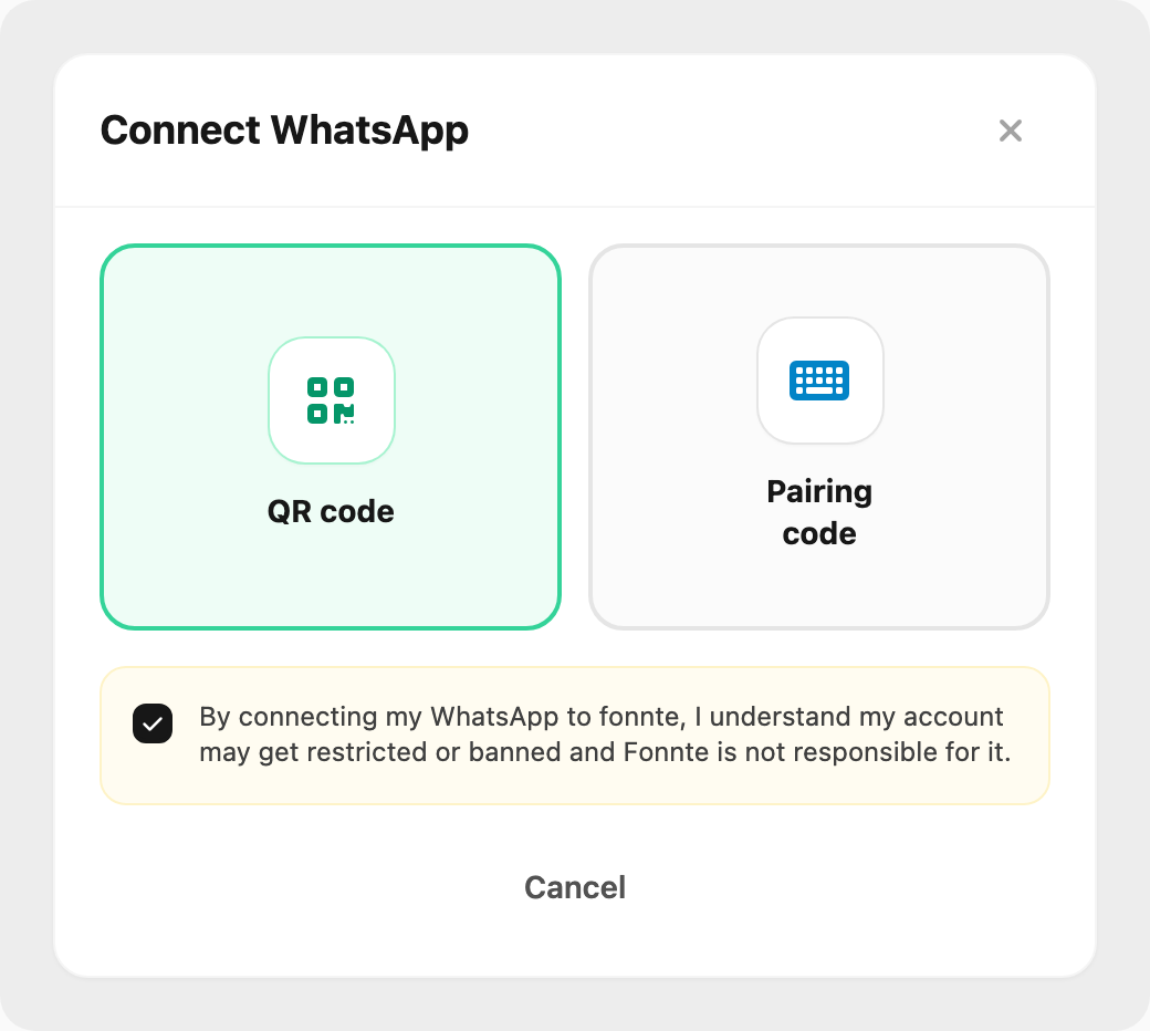 Connect WhatsApp modal — QR code or pairing code