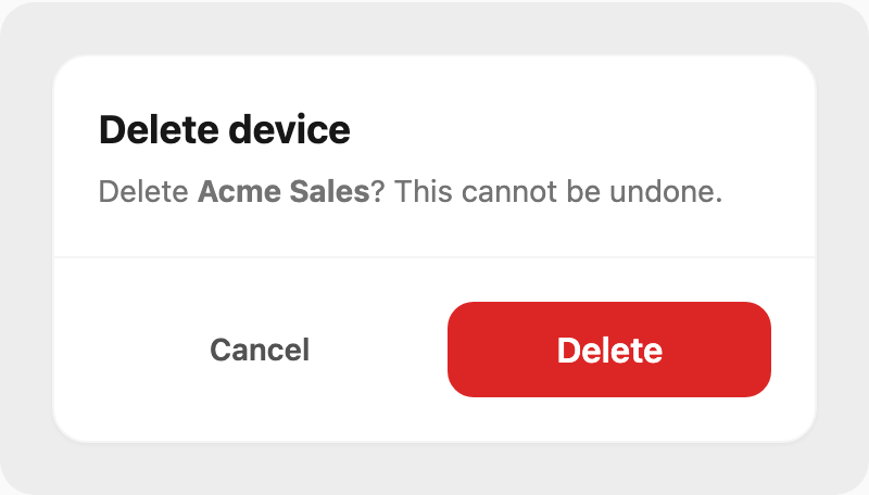Delete device confirmation