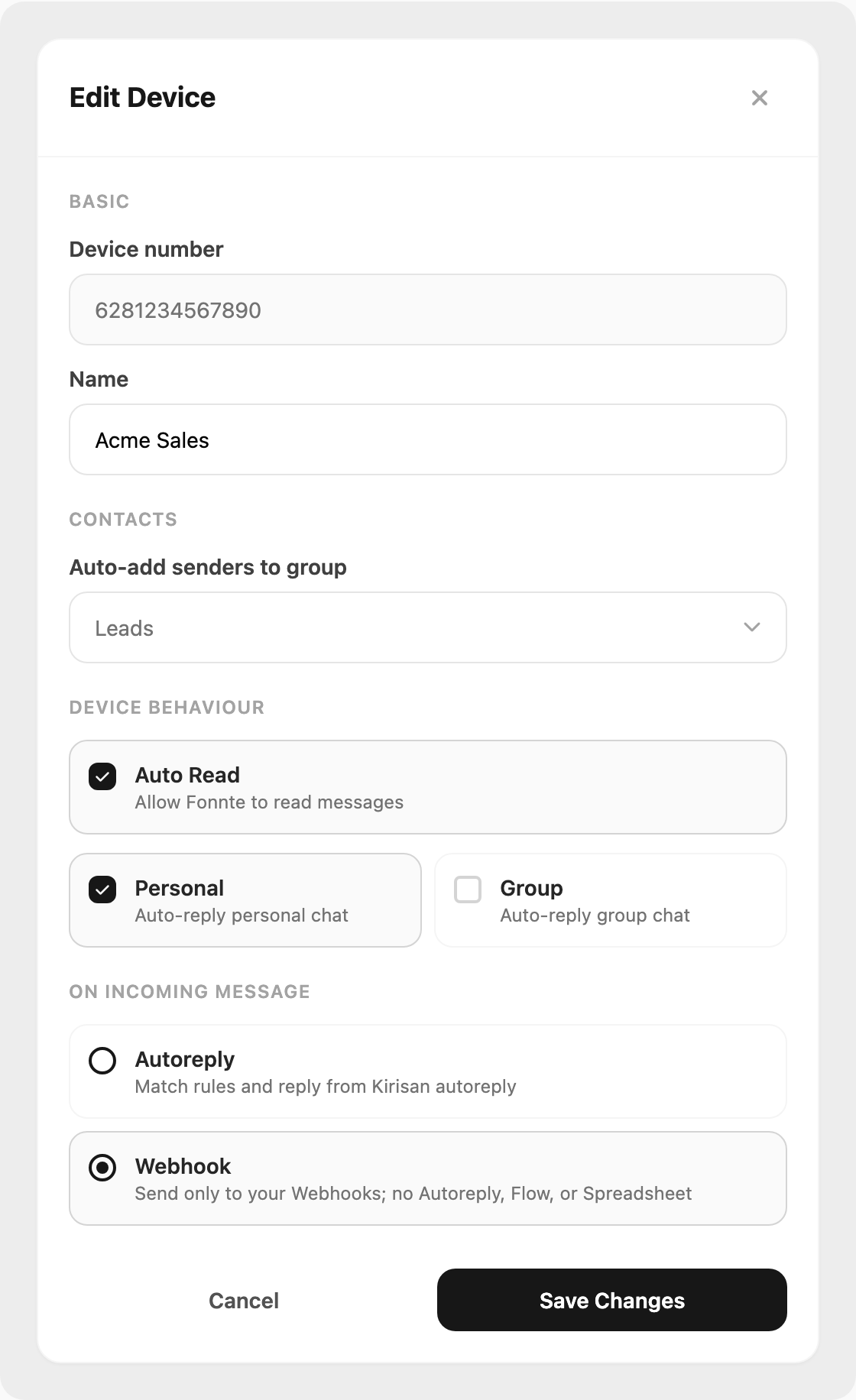 Edit Device modal — contacts, Auto Read, and on incoming message handler