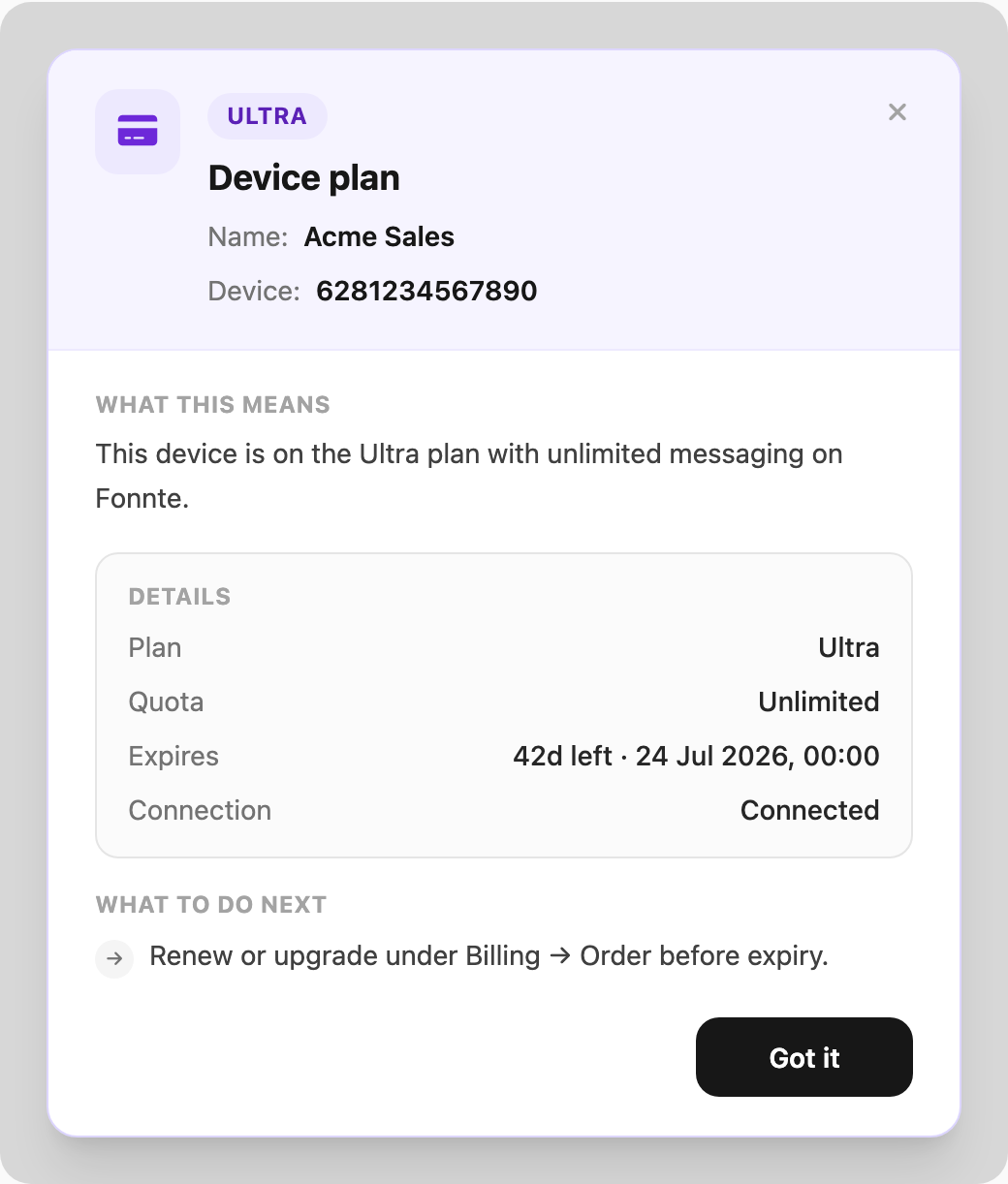 Device plan popup — plan name, device details, quota, expiry, and next steps