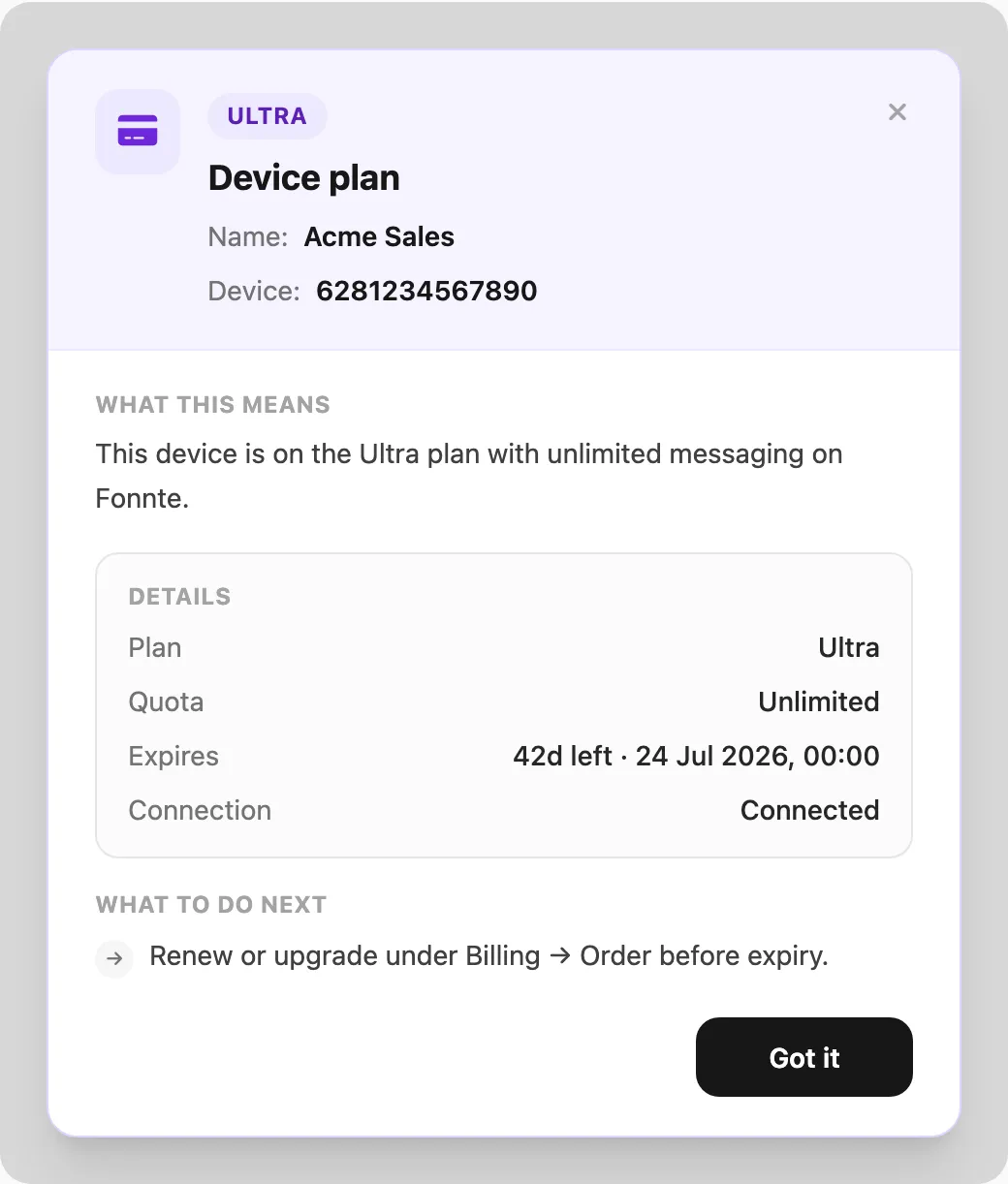 Device plan popup — plan name, device details, quota, expiry, and next steps
