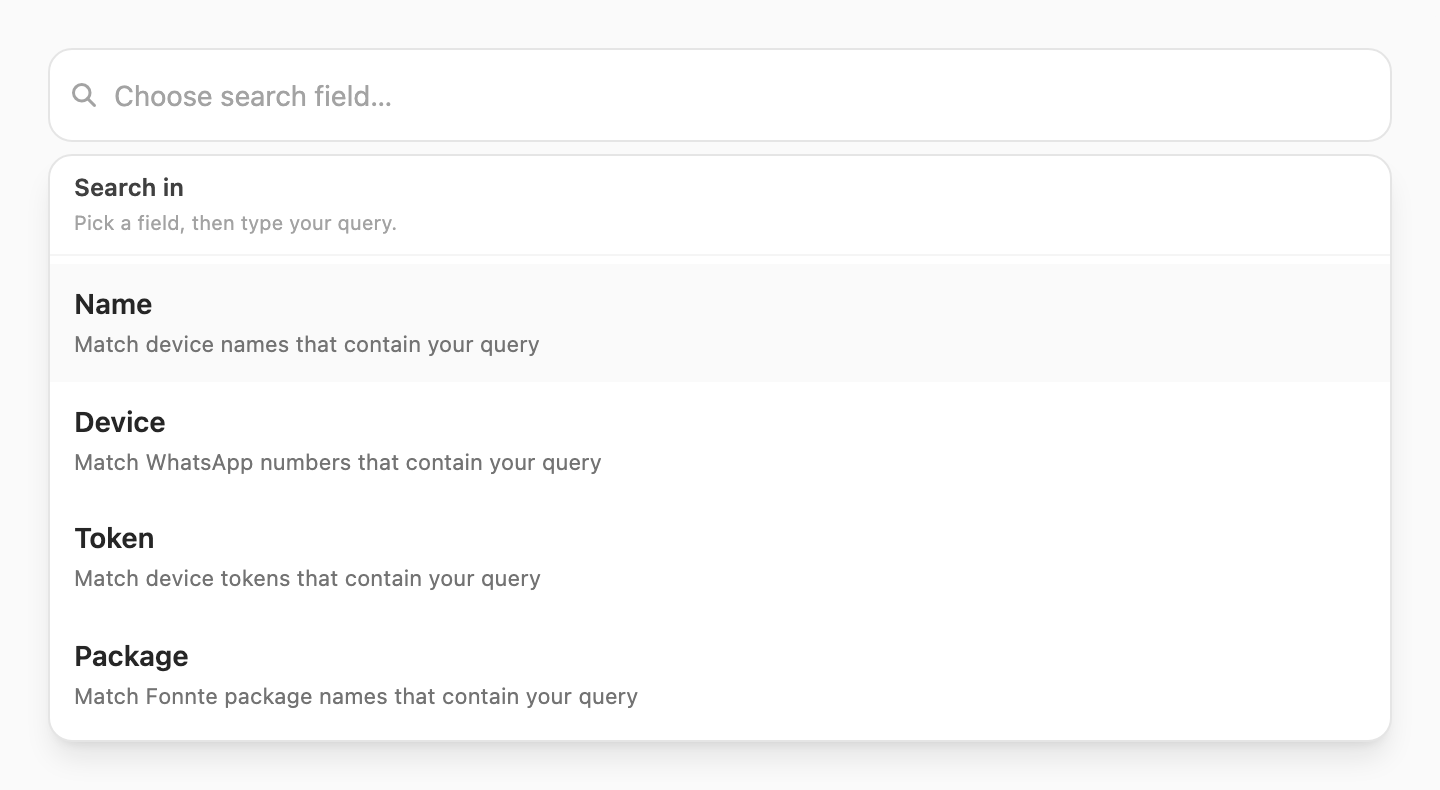 Search in popup — choose Name, Device, Token, or Package