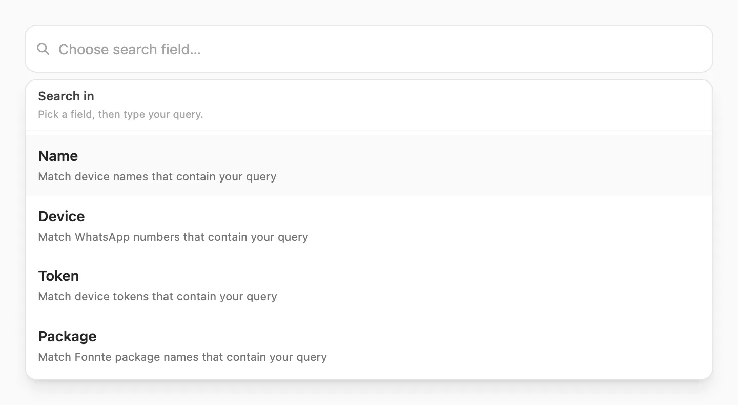 Search in popup — choose Name, Device, Token, or Package