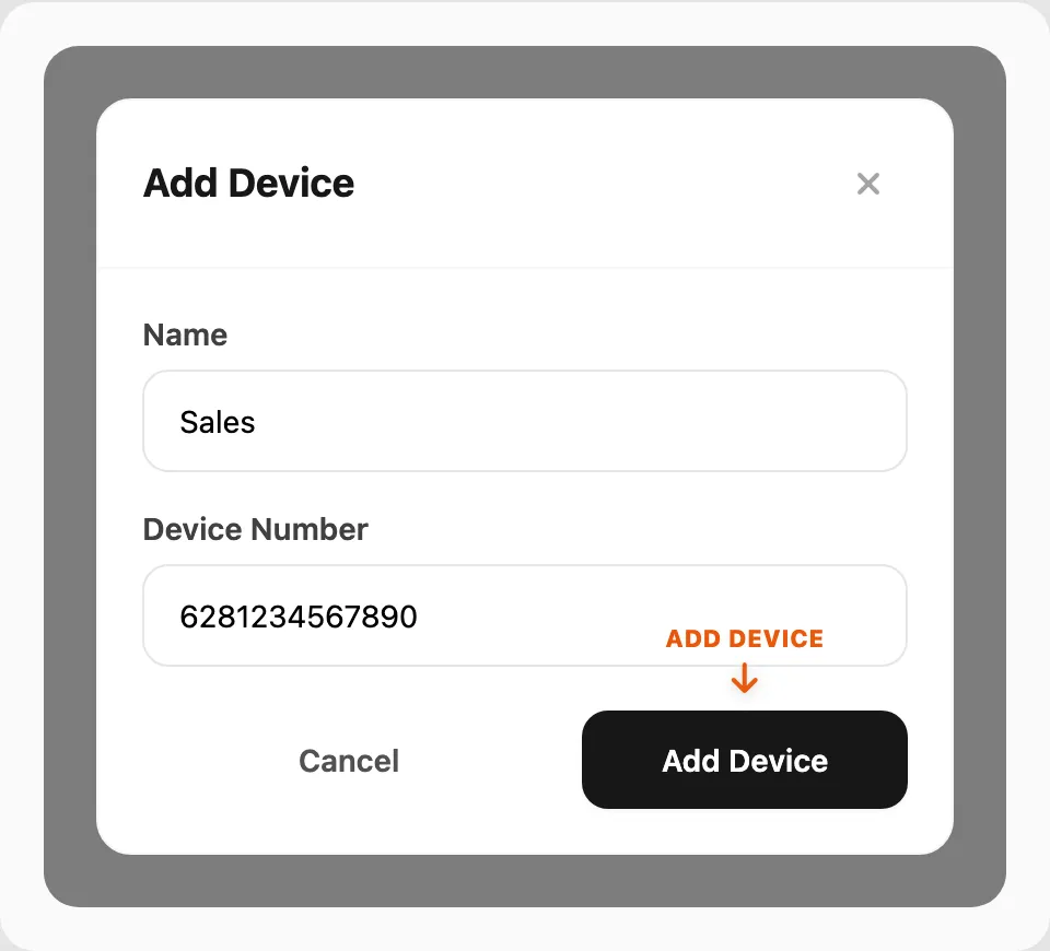 Steps 2–4 — fill name and number, then Add Device
