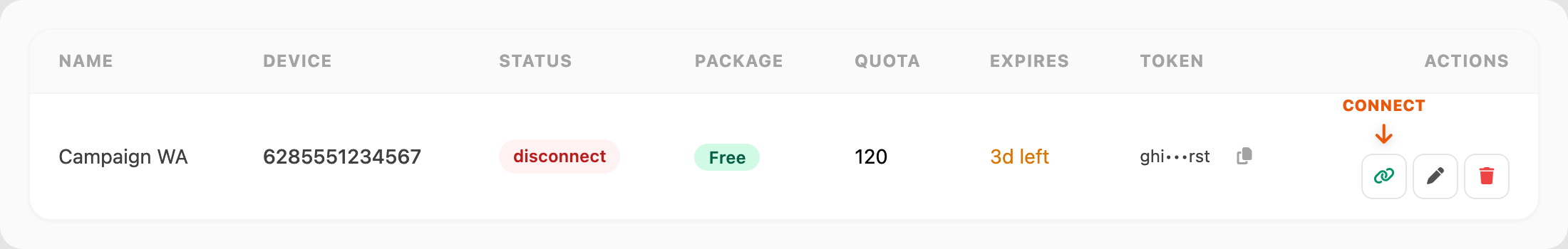 Step 1 — click Connect on the disconnect row