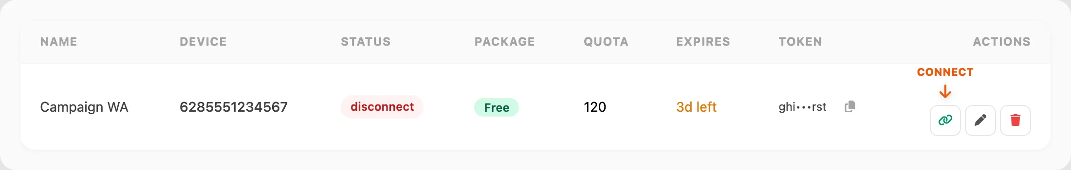 Step 1 — click Connect on the disconnect row